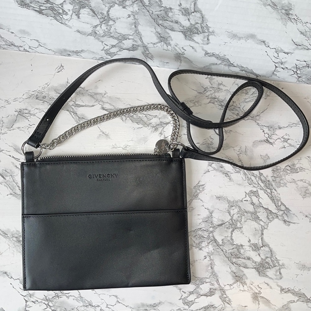 GIVENCHY PARFUMS BEAUTY BLACK CROSSBODY BAG WITH SILVER CHAIN AND BLACK …